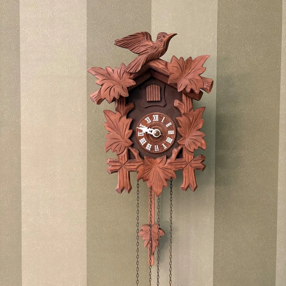 Vtg Herbert Herr Cuckoo Clock Working Wood Black Forest Bird Leaf Brown
